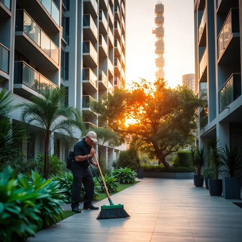Janix caretaker sweeping a modern Perth apartment courtyard at golden hour, surrounded by greenery and residential towers.