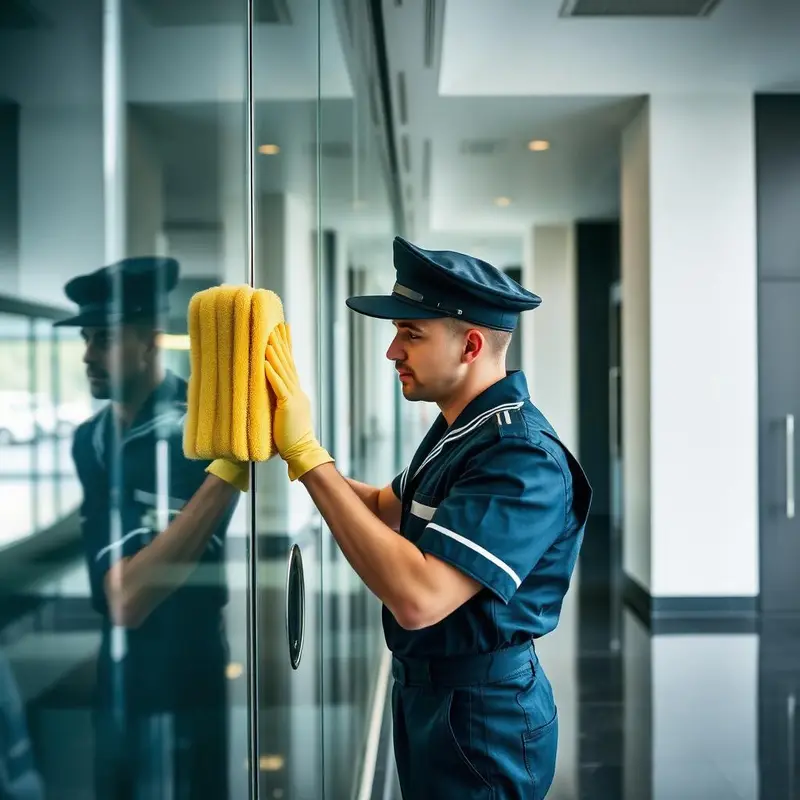 Janix cleaner in navy uniform polishing floor-to-ceiling glass in a modern Perth office lobby with reflective flooring.