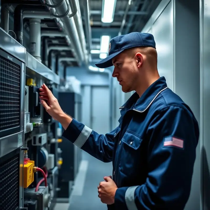 Facilities maintenance technician in navy uniform inspecting building services equipment inside a Perth commercial plant room.
