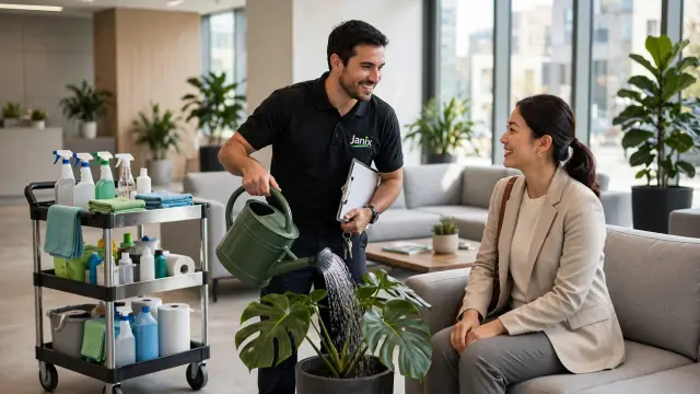 Janix caretaker watering a lobby plant while speaking with a client, cleaning cart beside them.