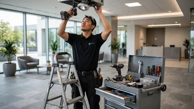Janix maintenance technician servicing a ceiling light fixture with a drill, tool cart alongside.