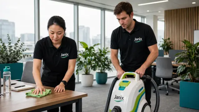 Two uniformed Janix staff cleaning a Perth office — one operating a branded floor cleaning machine, one wiping a desk.