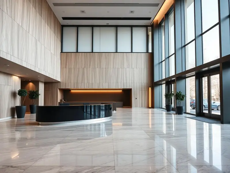 Open-plan office floor inside a Perth CBD commercial tower at night, cleaned and reset by an after-hours Janix crew.