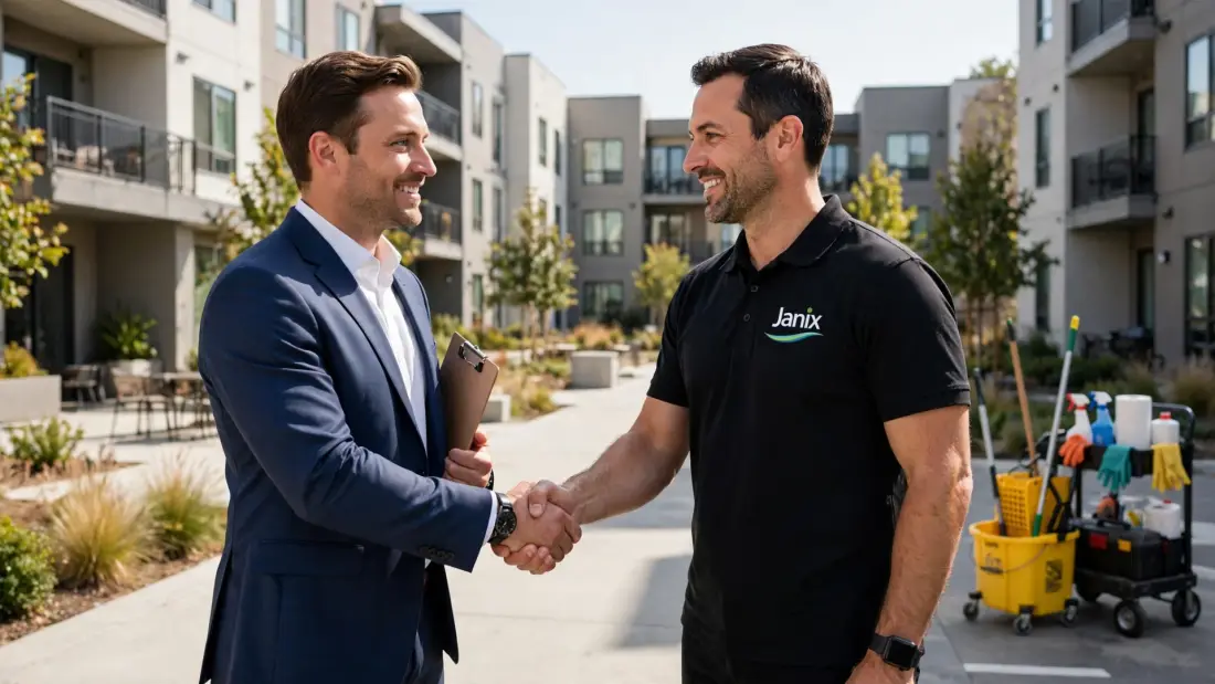 Janix supervisor shaking hands with a strata property manager outside a Perth apartment complex.