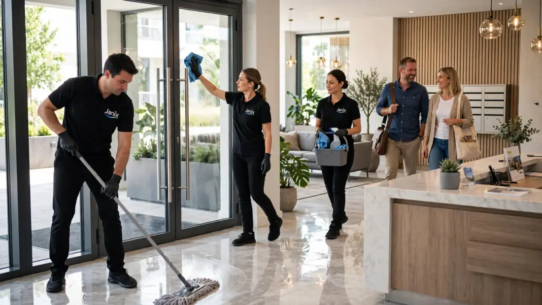 Janix cleaning team in branded polos servicing a bright Perth apartment lobby as residents arrive.