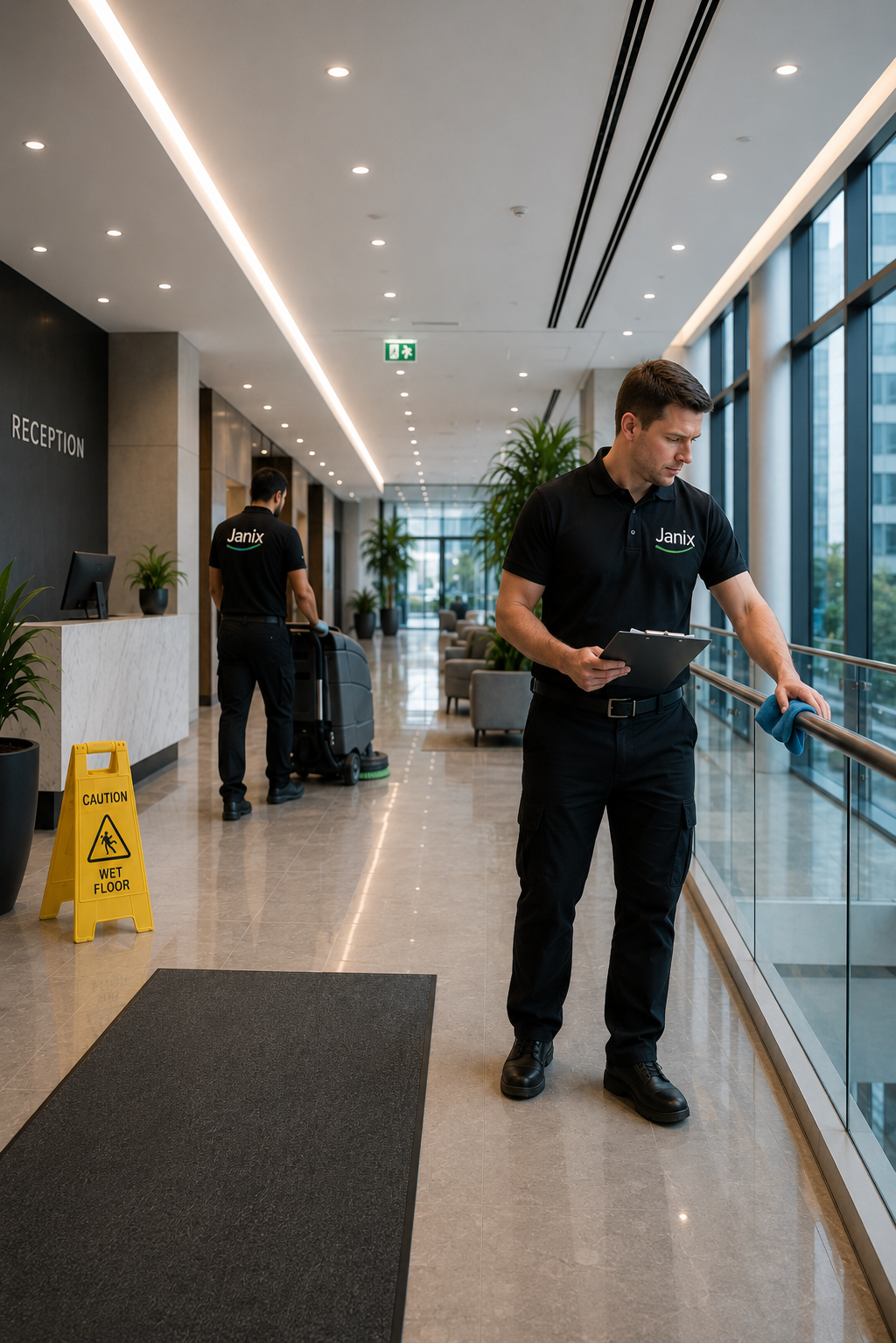 Modern office lobby with cleaning staff - JANIX Commercial Cleaning Perth