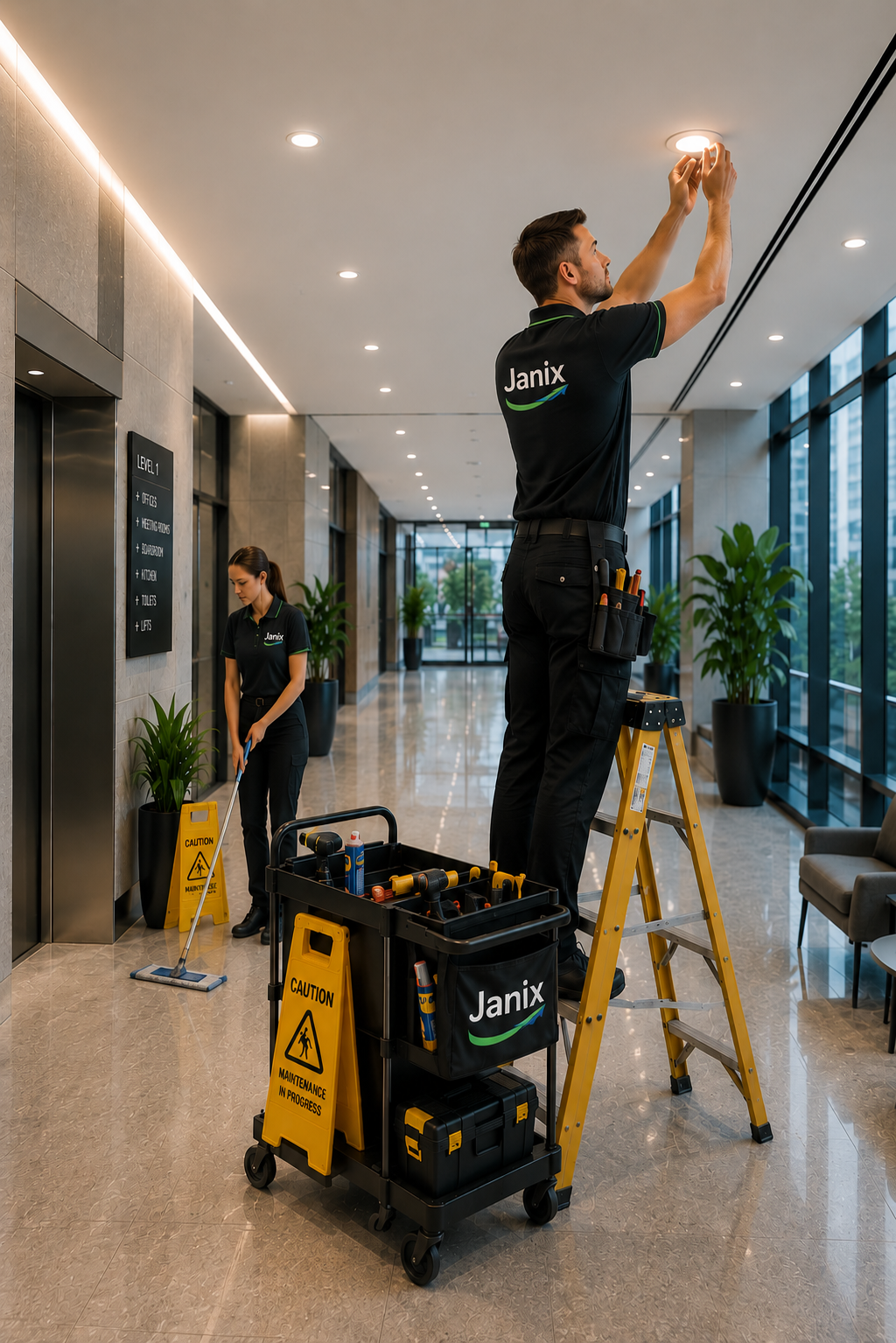 Professional maintenance crew in a modern office corridor - JANIX Caretaking Perth