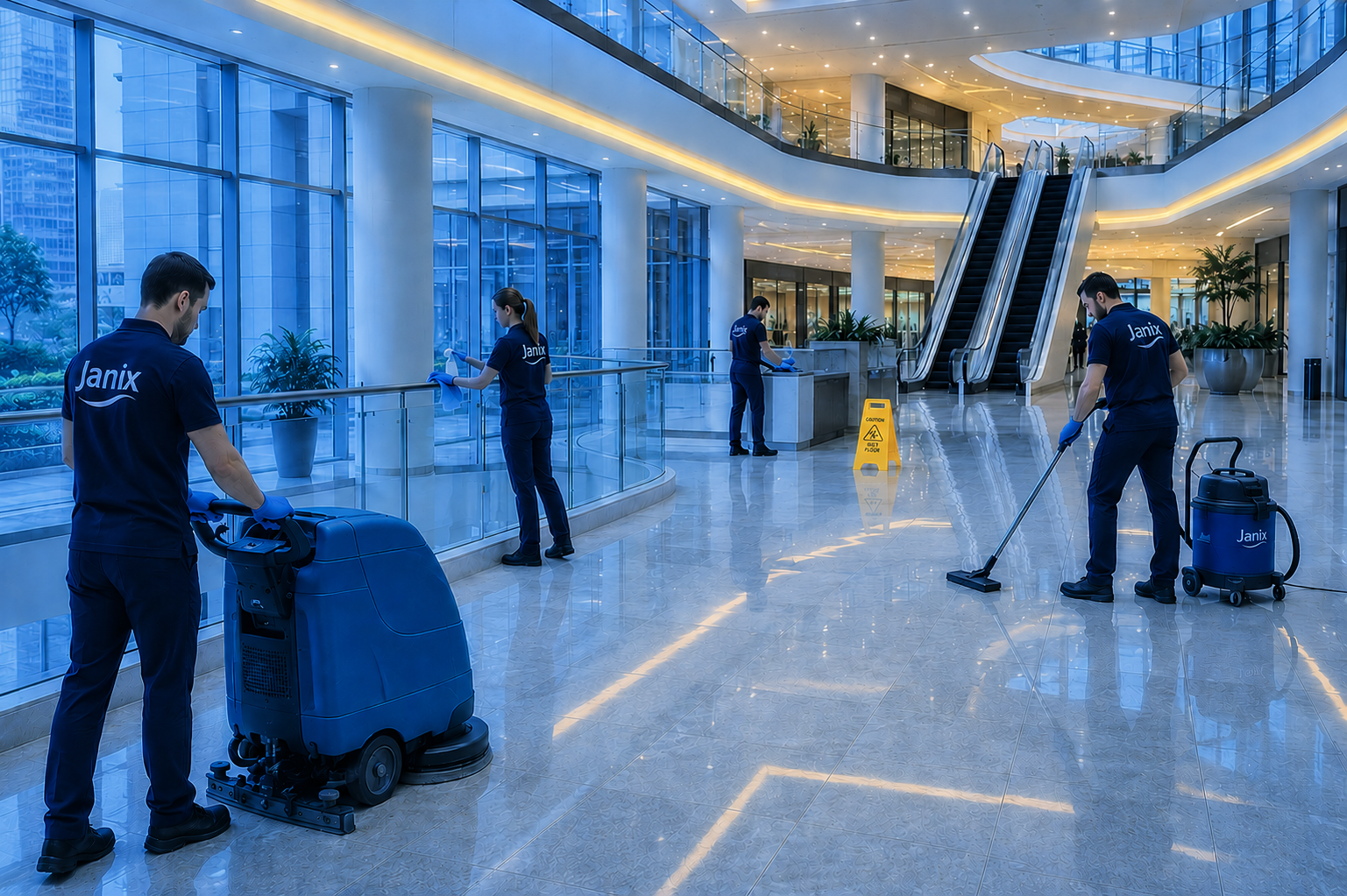Modern office lobby with professional cleaning crew - JANIX Commercial Cleaning Perth