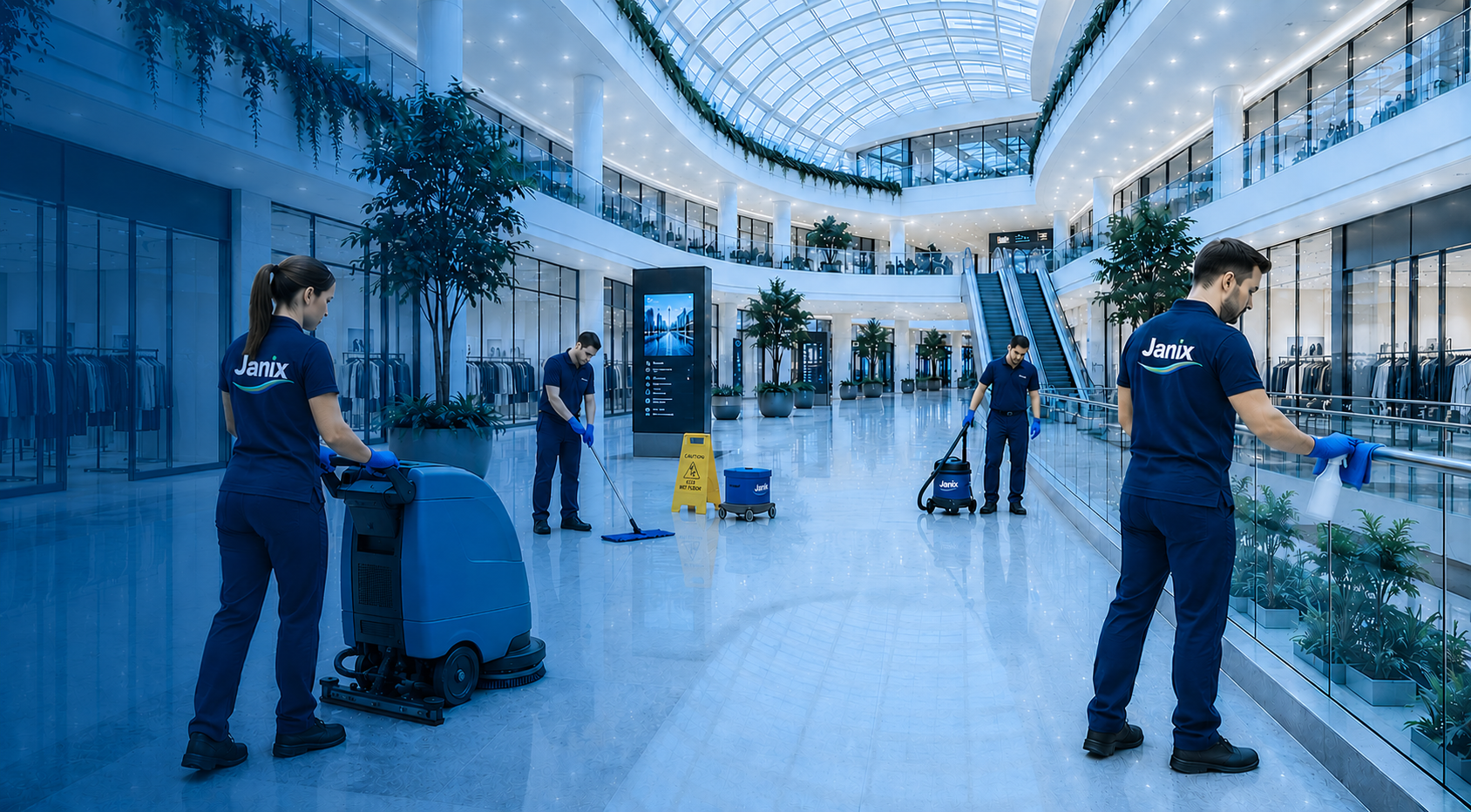 Commercial cleaning team working in a modern Perth office - JANIX